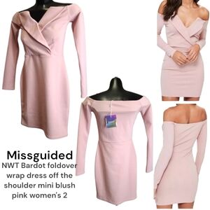 Missguided Women's Bardot foldover wrap Mini dress off the shoulder blush pink 2